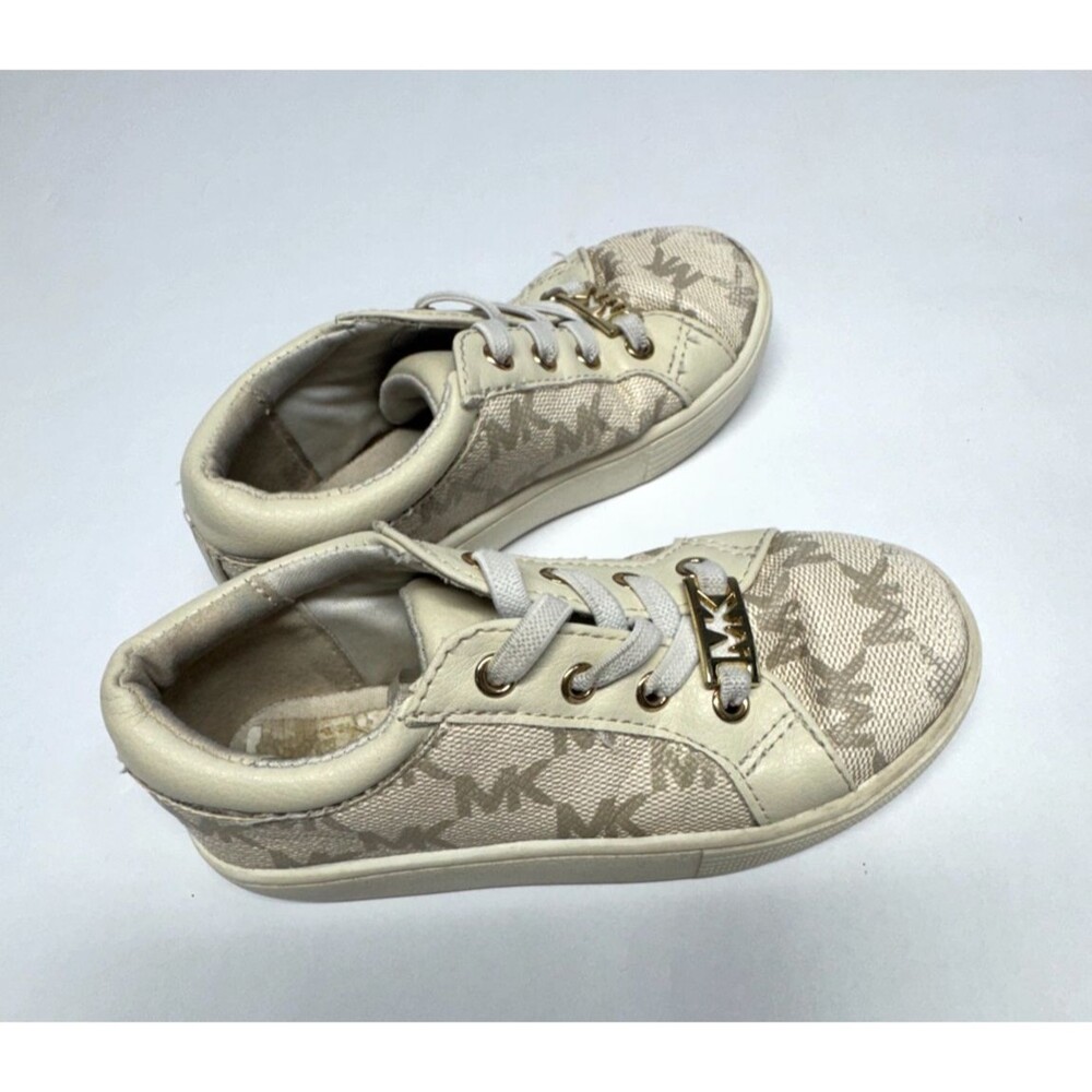 Michael Kors Kids Girls MK Logo Platform Sneakers Cream Gold Size READ